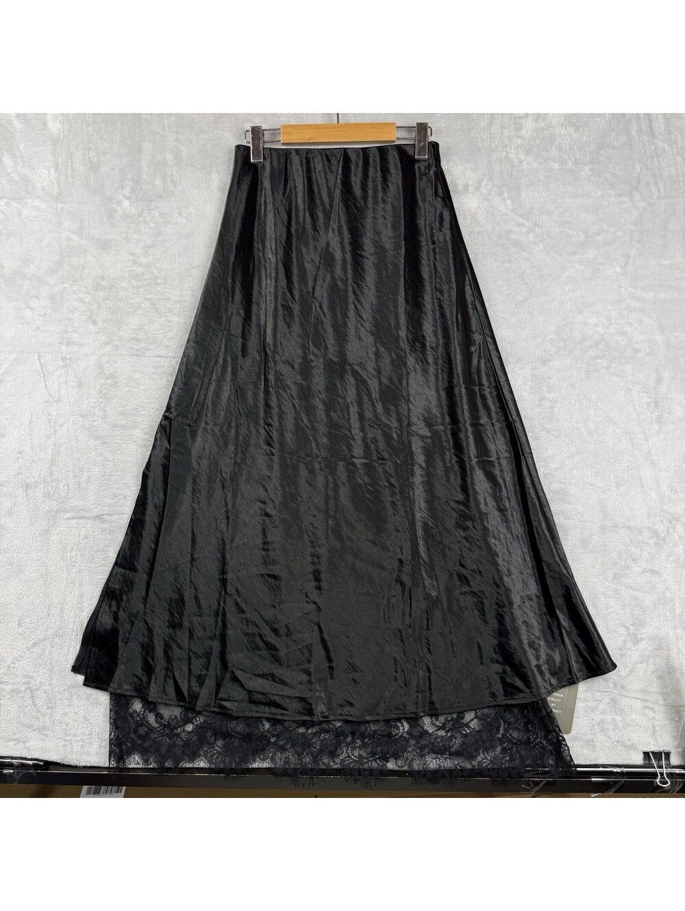Women’s Black Satin Lace Trim Maxi Skirt High Rise A-Line Elegant Evening NWT - Picture 3 of 8